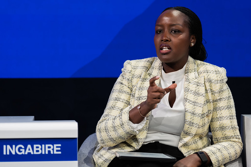 Rwanda’s Minister of ICT and Innovation, Paula Ingabire, speaks at the World Economic Forum Annual Meeting 2026 in Davos on the use of drones and AI to strengthen healthcare delivery in Rwanda. (Photo Credit: World Economic Forum / Jakob Polacsek )